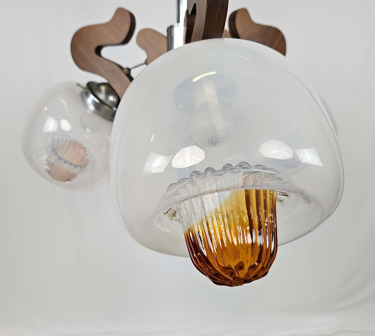 Three-light wood, steel and iron chandelier in AV Mazzega style, 1970s 3