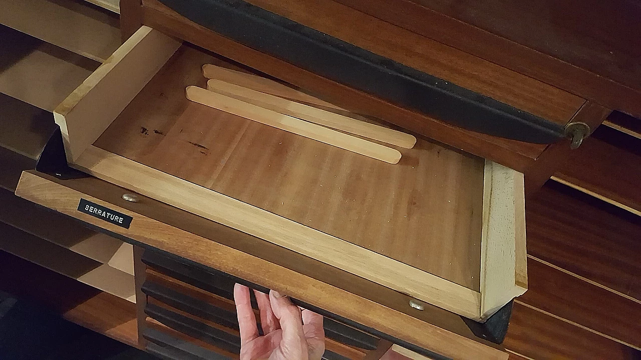 Varnished mahogany cabinet with central drop-down drawers, 1960s 7