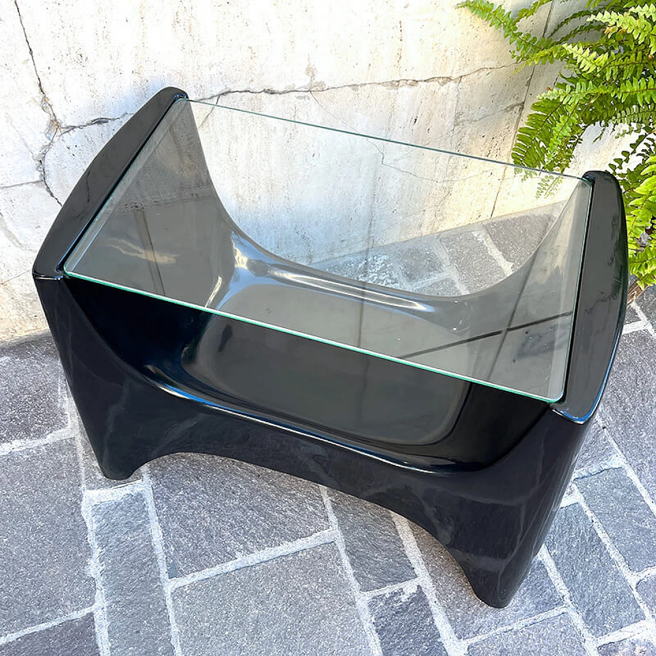 Black fiberglass TV stand cart with glass top, 1970s 3