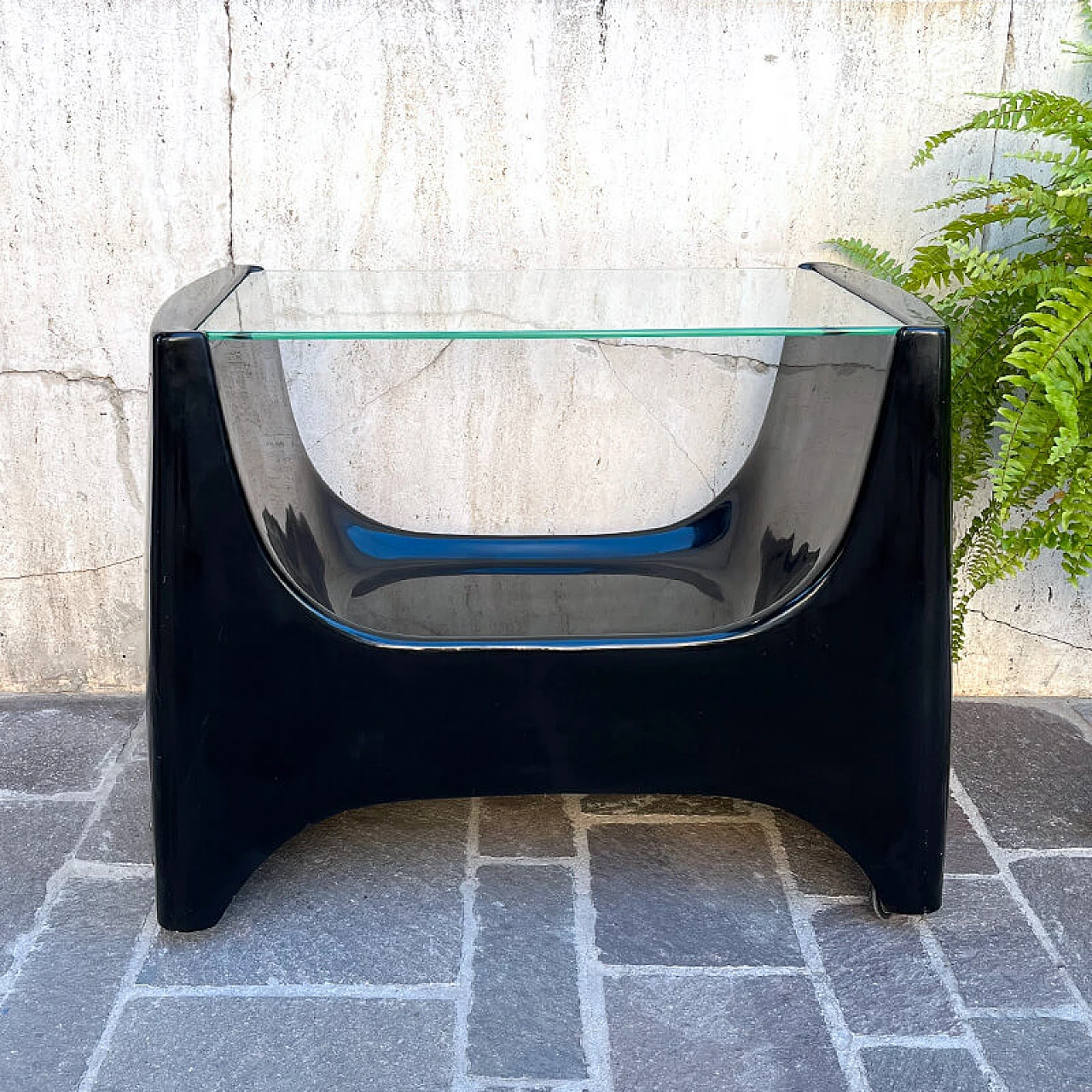 Black fiberglass TV stand cart with glass top, 1970s 5