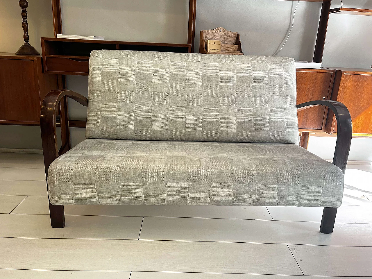 Wood and gray fabric sofa, 1950s 1