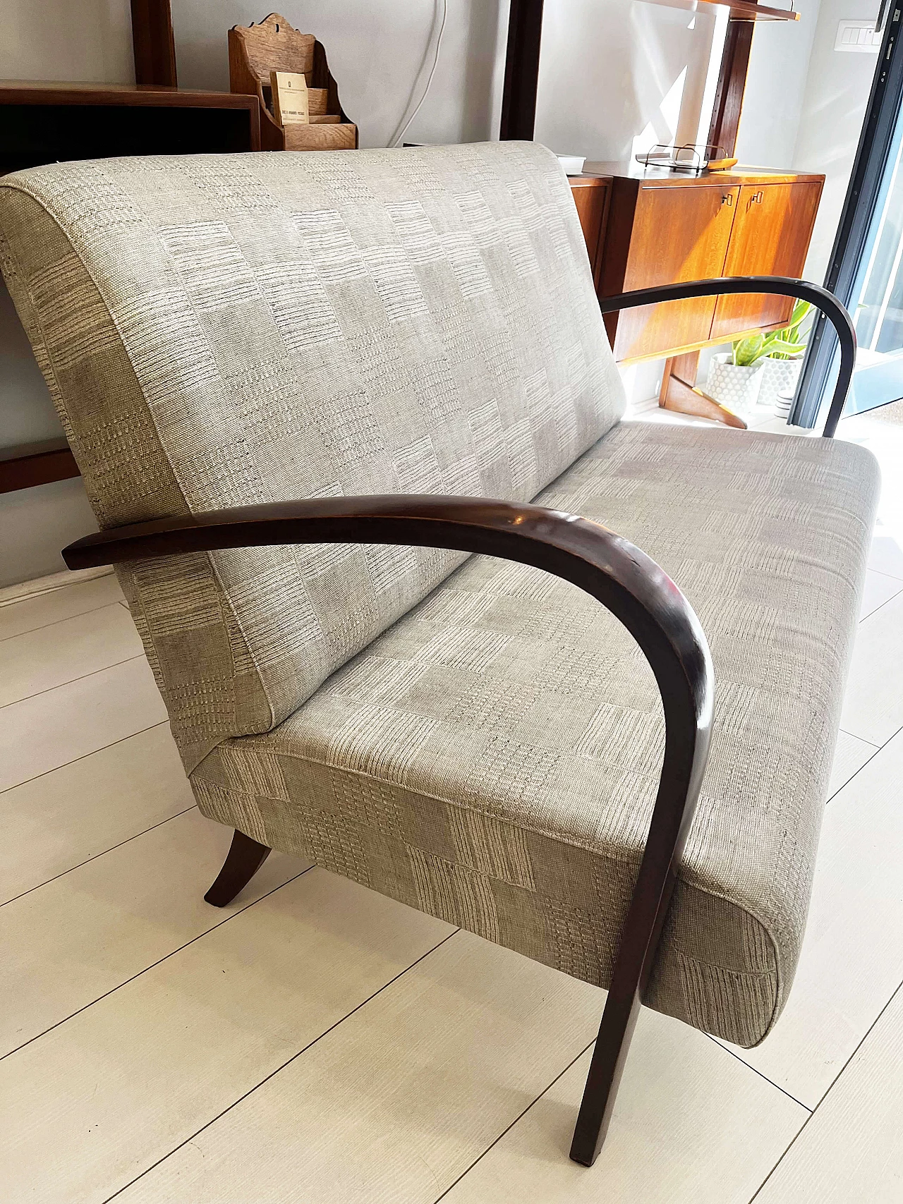 Wood and gray fabric sofa, 1950s 8