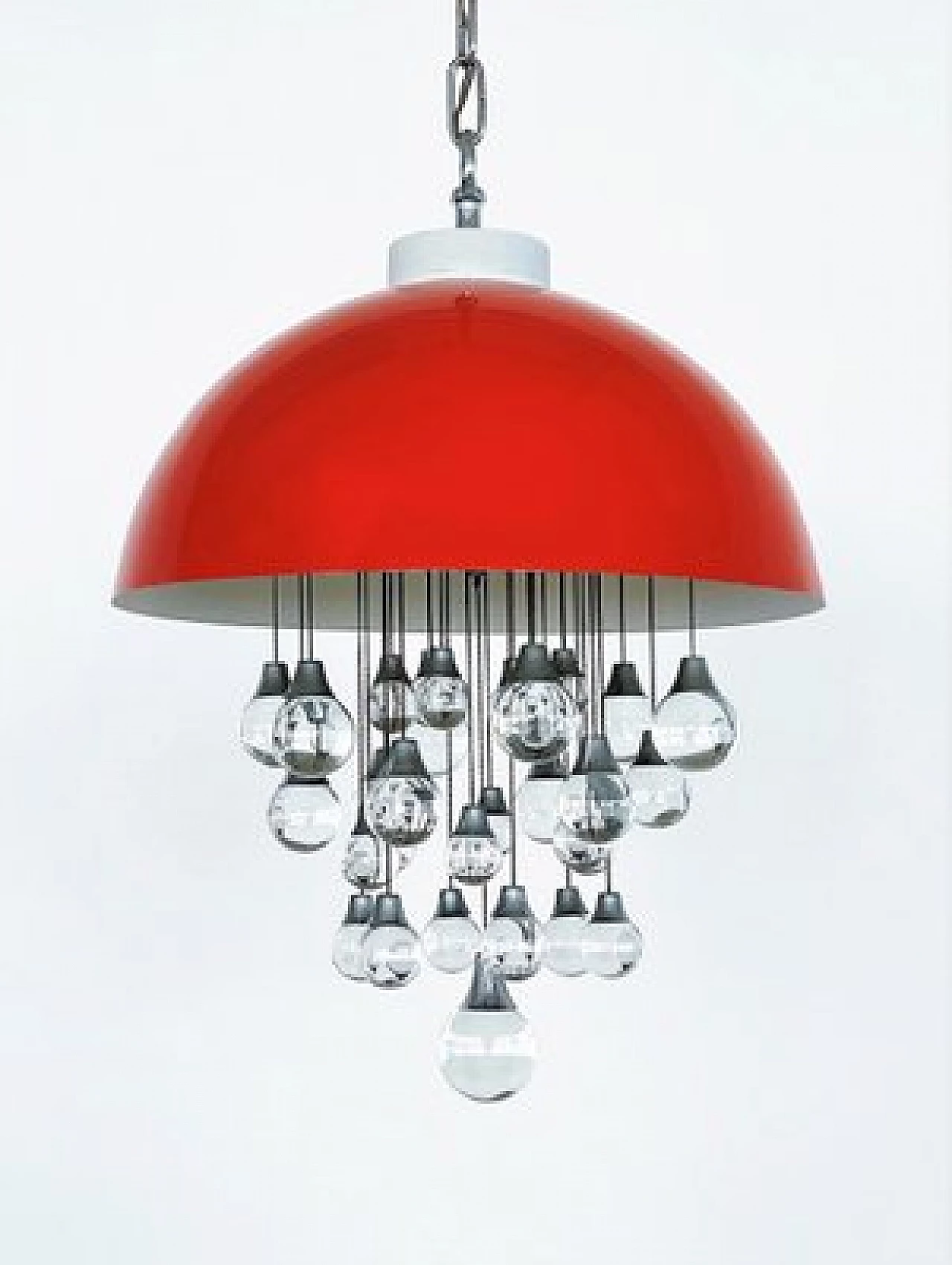 Space Age red metal chandelier with glass spheres, 1980s 1