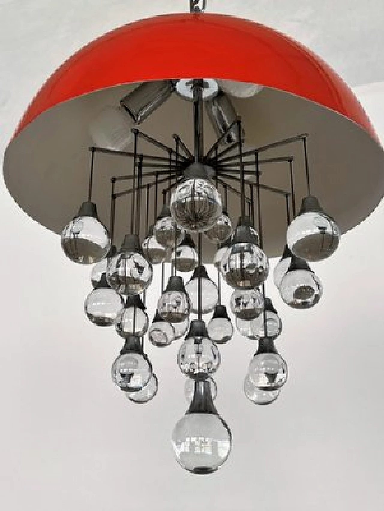 Space Age red metal chandelier with glass spheres, 1980s 4