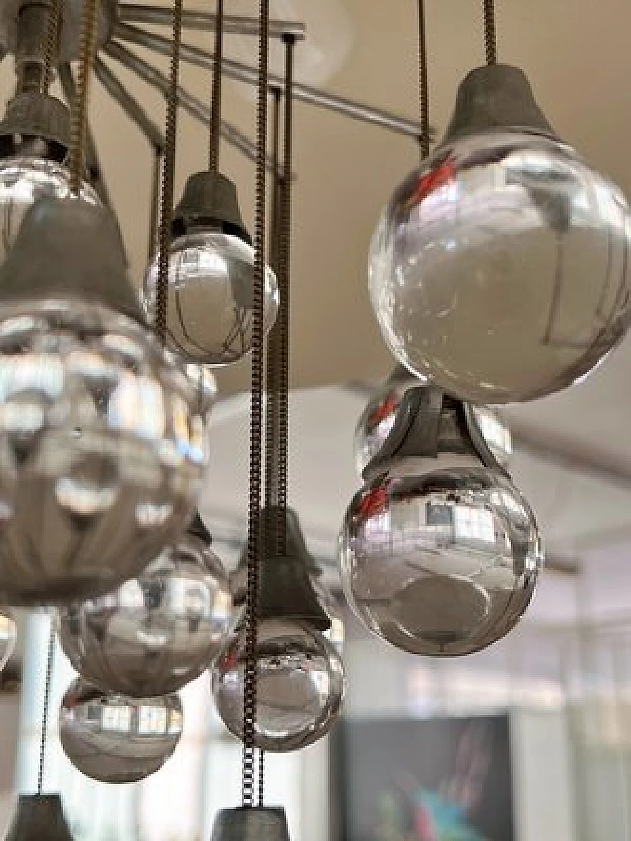 Space Age red metal chandelier with glass spheres, 1980s 5