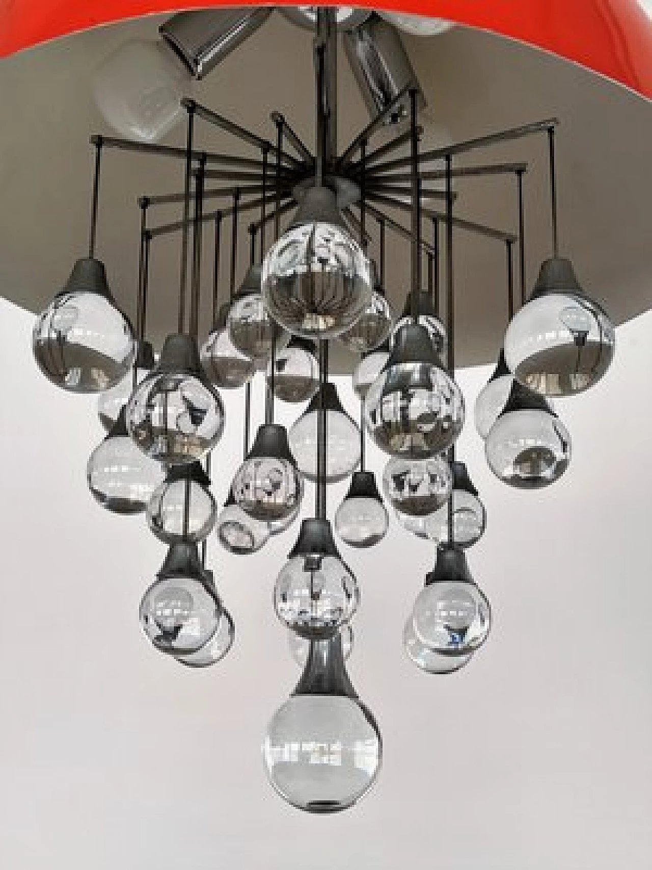 Space Age red metal chandelier with glass spheres, 1980s 6