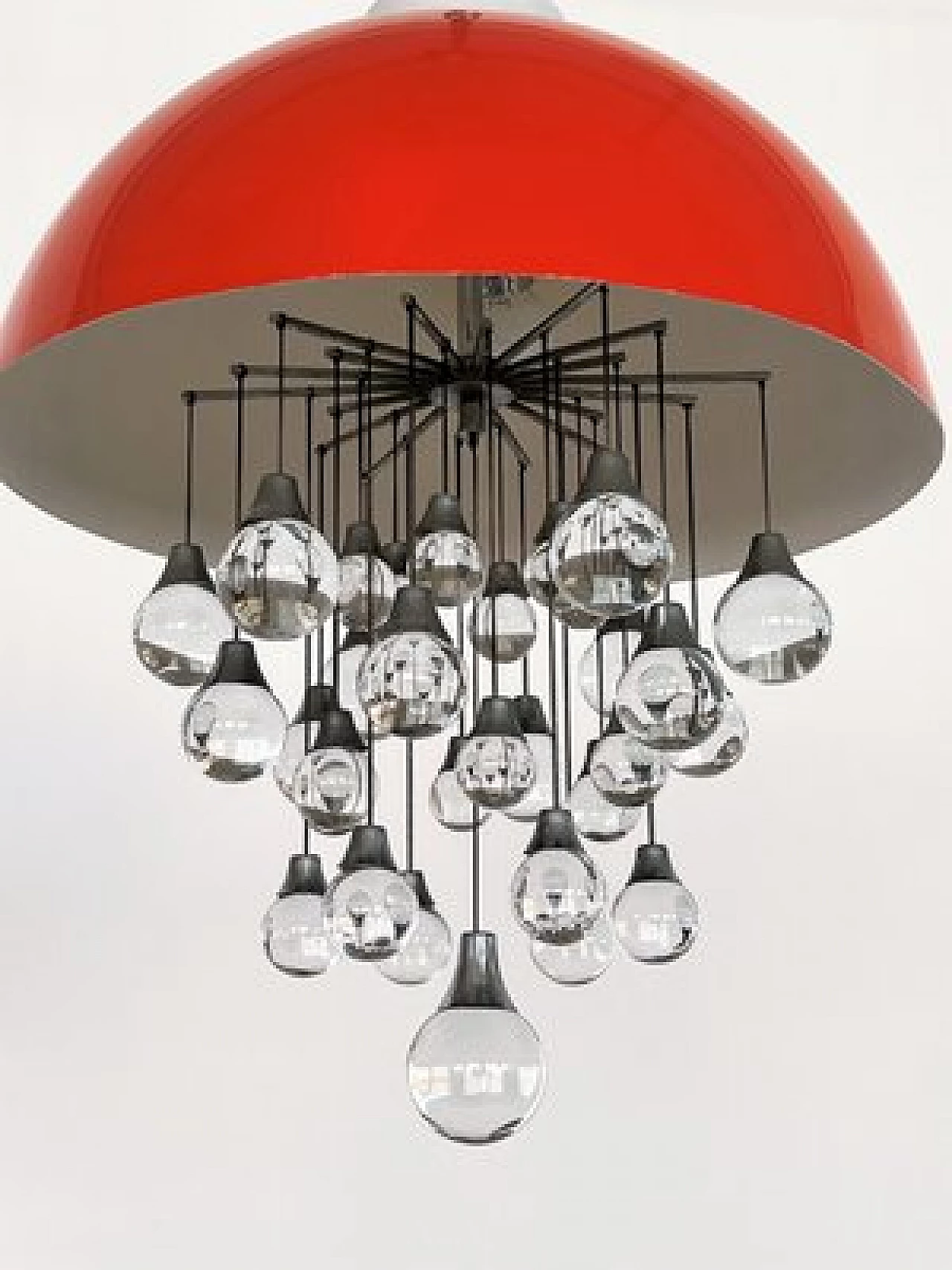 Space Age red metal chandelier with glass spheres, 1980s 11