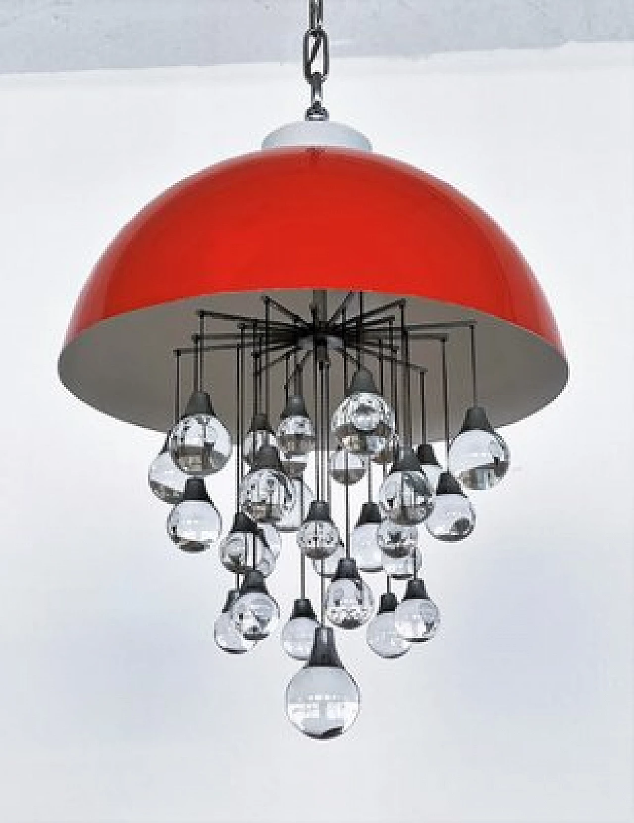 Space Age red metal chandelier with glass spheres, 1980s 12