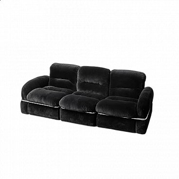 Three-seater modular sofa in black velvet and metal, 1970s