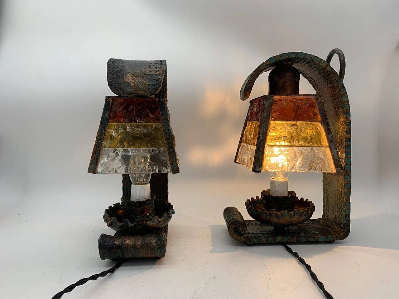 Pair of glass and wrought iron table lamps by Longobard, 1970s 5