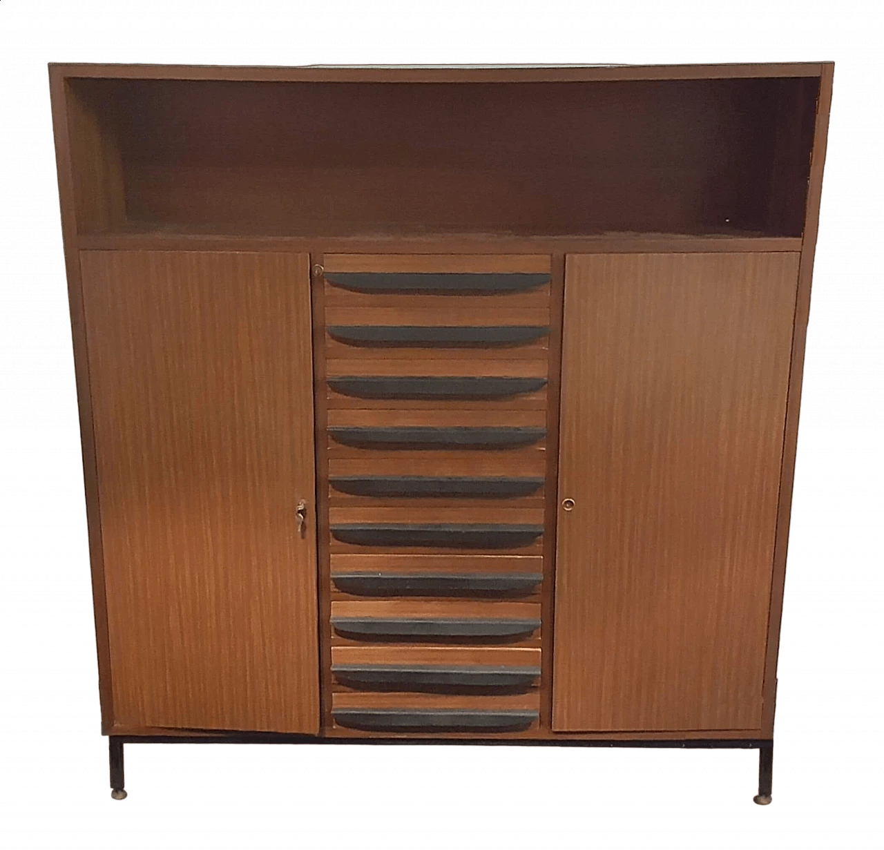 Varnished mahogany cabinet with central drop-down drawers, 1960s 9