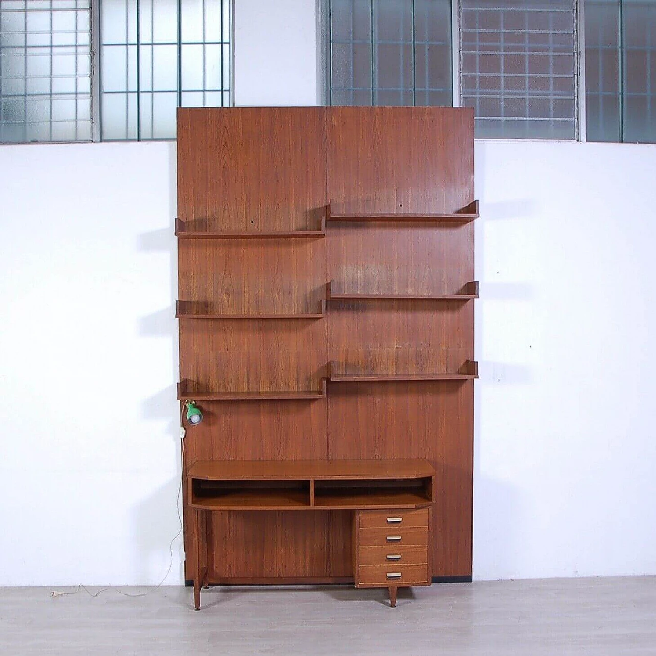 Wood wall-mounted bookcase with desk, 1950s 1