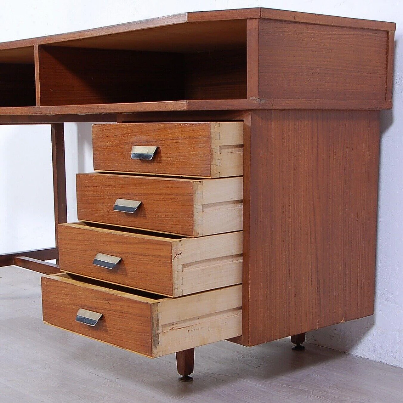 Wood wall-mounted bookcase with desk, 1950s 12