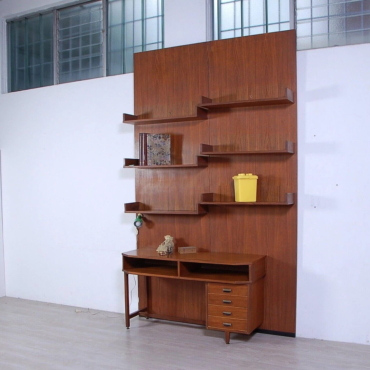 Wood wall-mounted bookcase with desk, 1950s 16