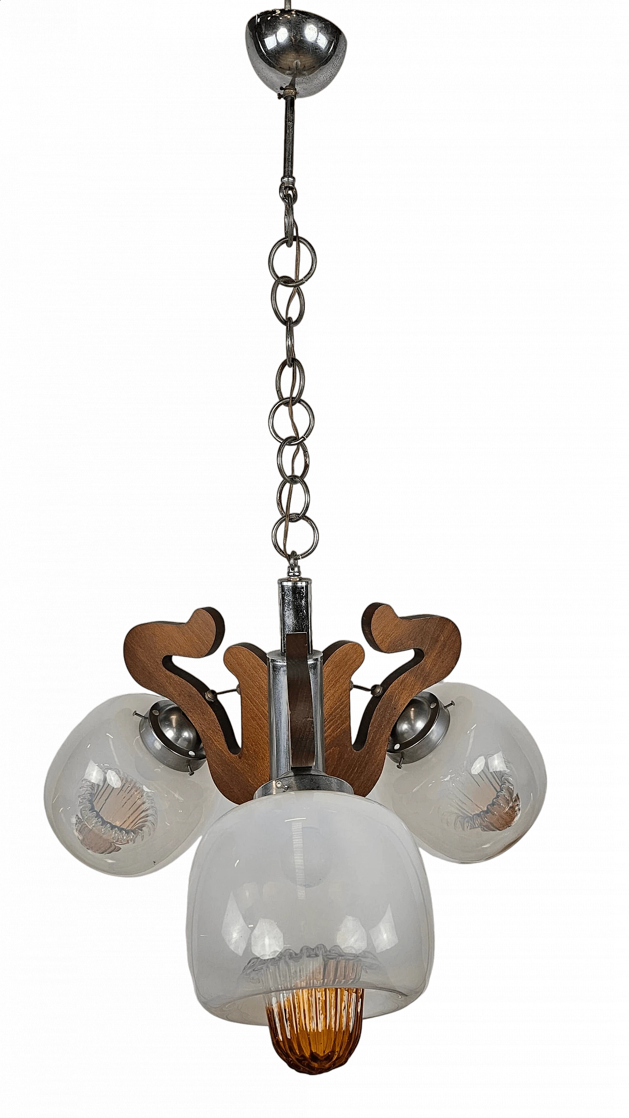 Three-light wood, steel and iron chandelier in AV Mazzega style, 1970s 23