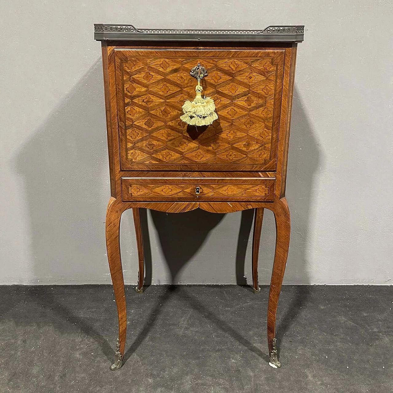 Louis XVI style inlaid wood secrétaire with marble top, 19th century 1