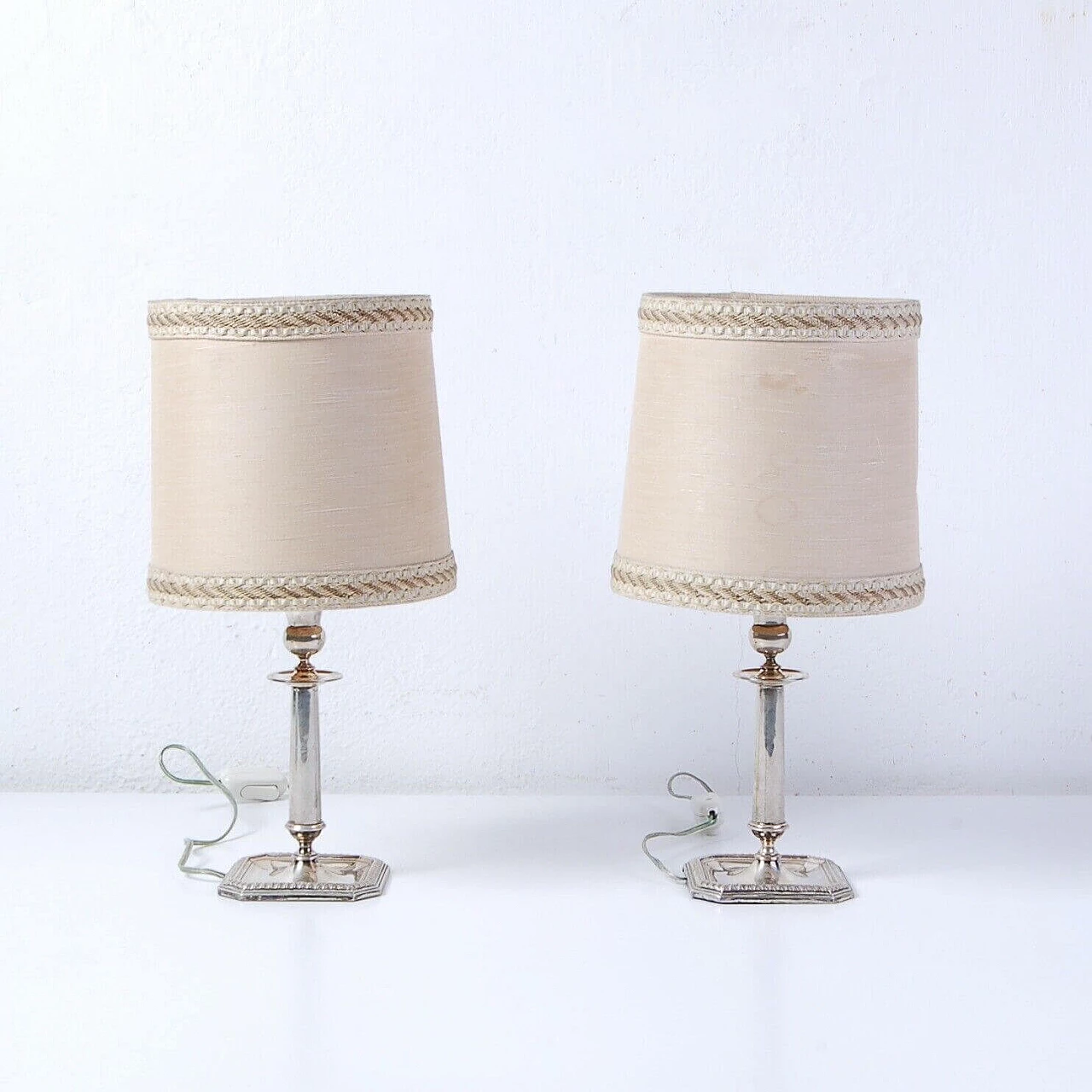 Pair of silver table lamps with fabric lampshade 1