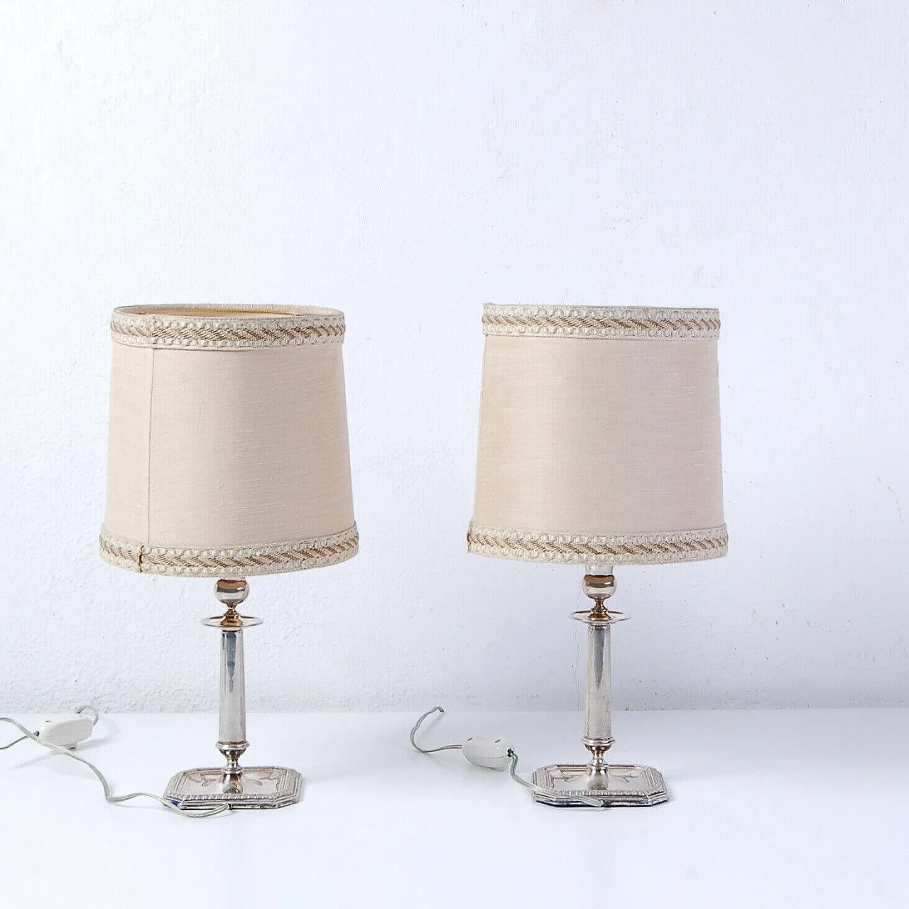 Pair of silver table lamps with fabric lampshade 2