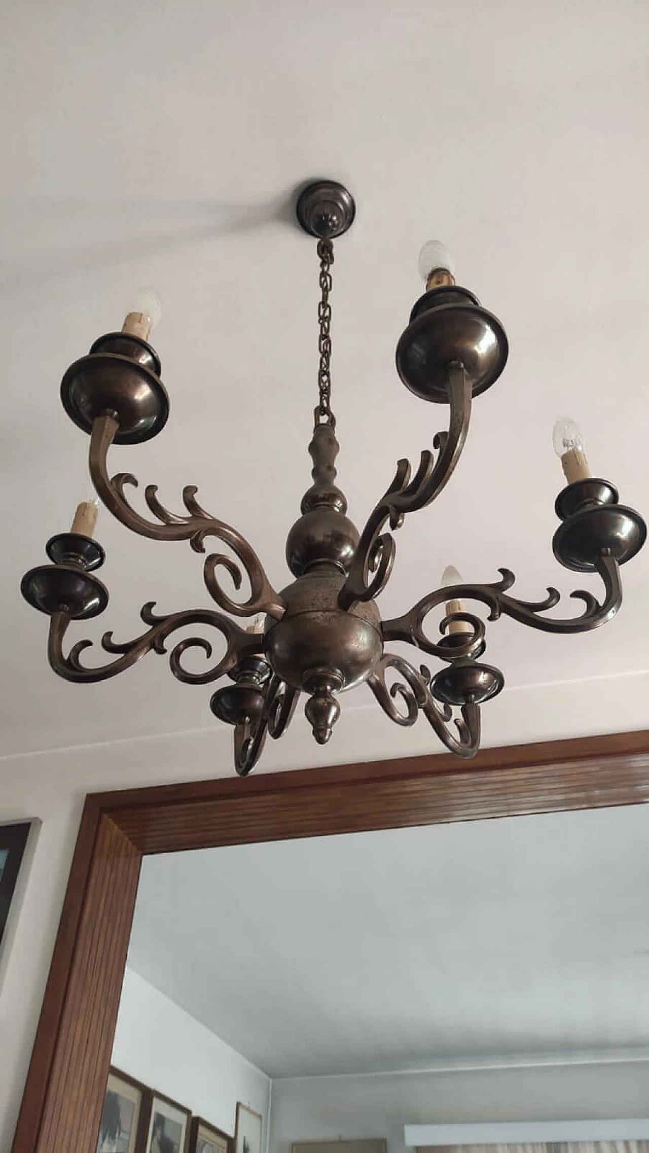 Six-light bronze chandelier, 1950s 2