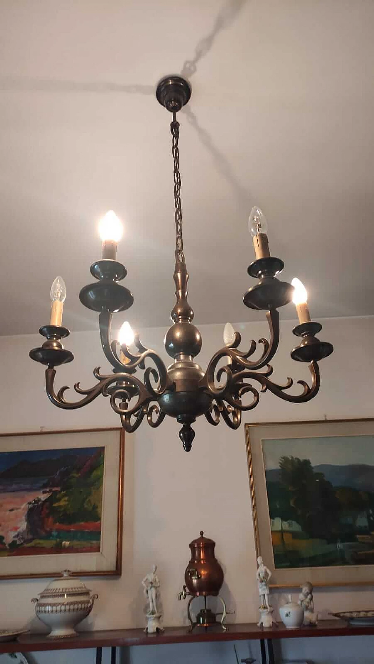 Six-light bronze chandelier, 1950s 3