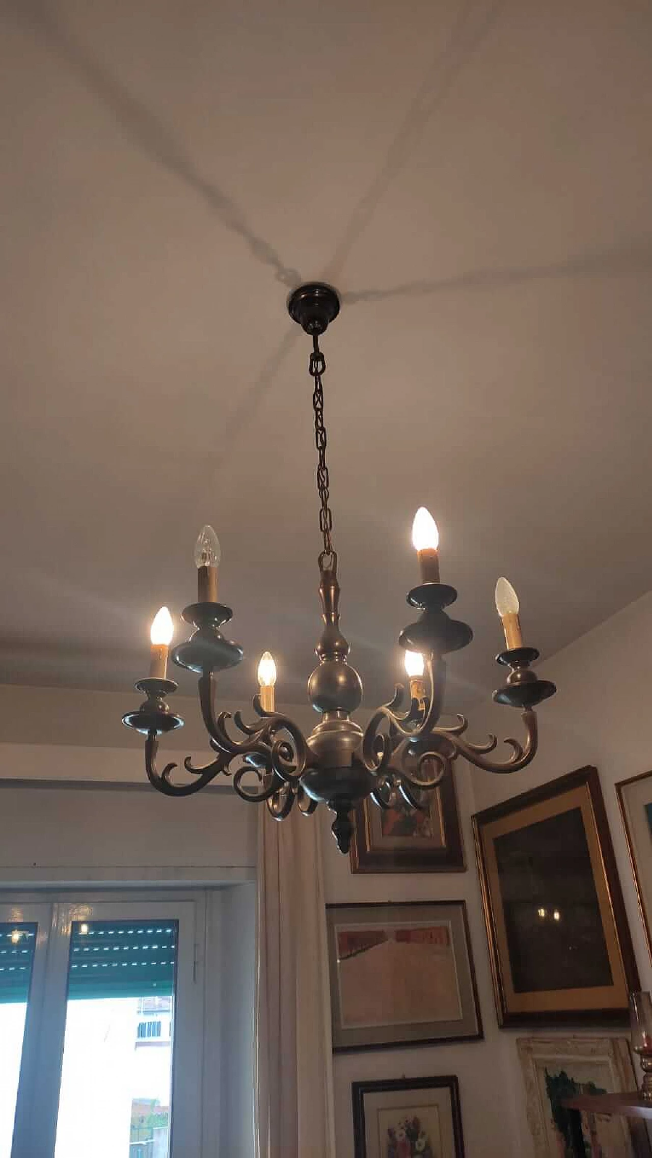 Six-light bronze chandelier, 1950s 4