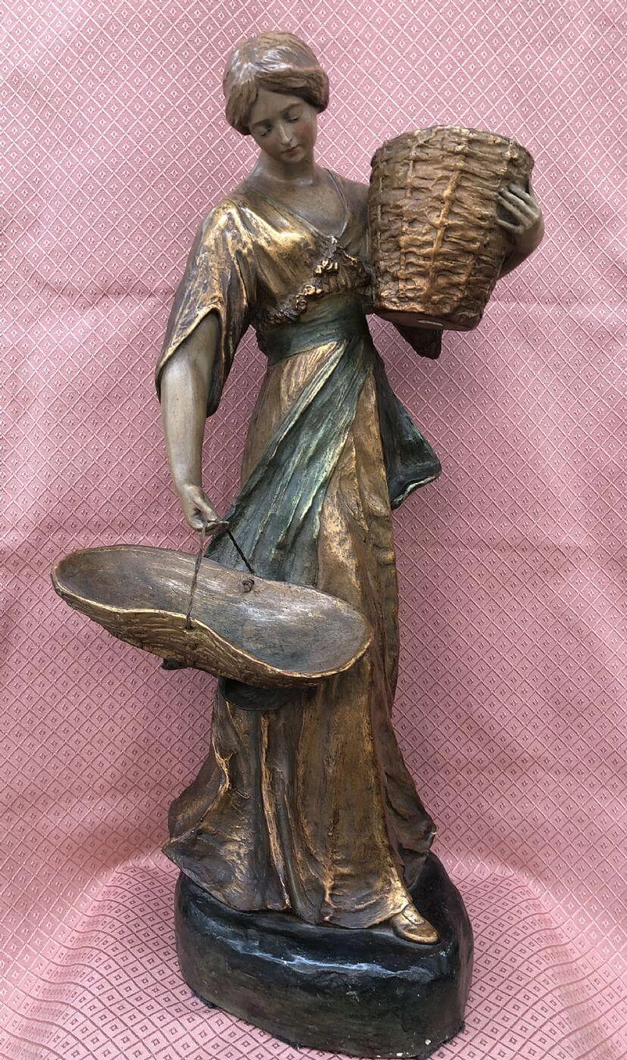 Terracotta sculpture of a young girl with baskets and gold dress, early 20th century 2