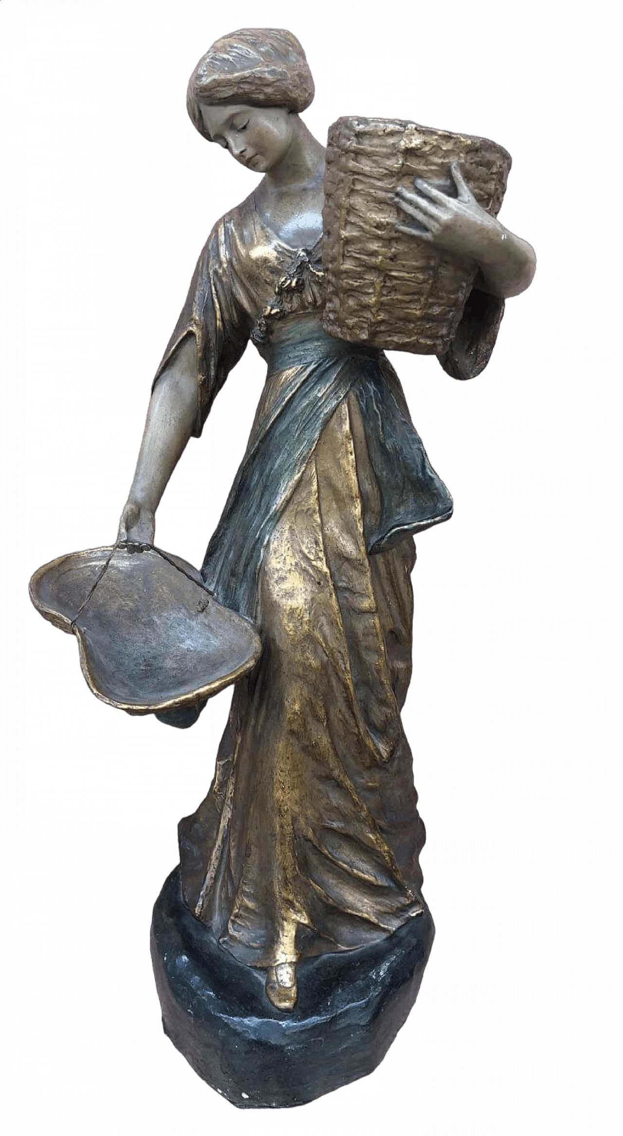 Terracotta sculpture of a young girl with baskets and gold dress, early 20th century 5