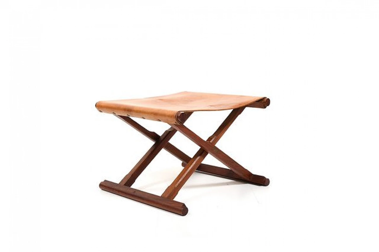 Danish teak and leather folding stool, 1960s 1