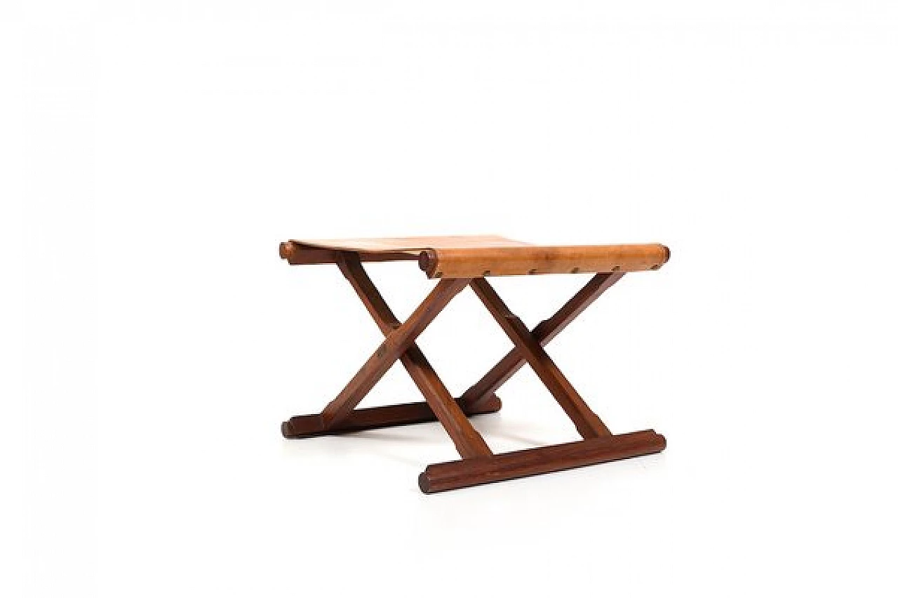 Danish teak and leather folding stool, 1960s 4