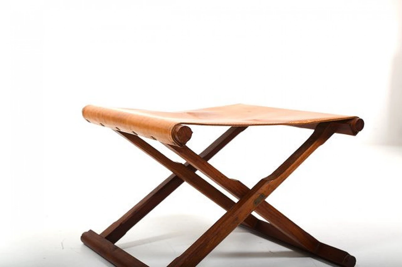 Danish teak and leather folding stool, 1960s 5