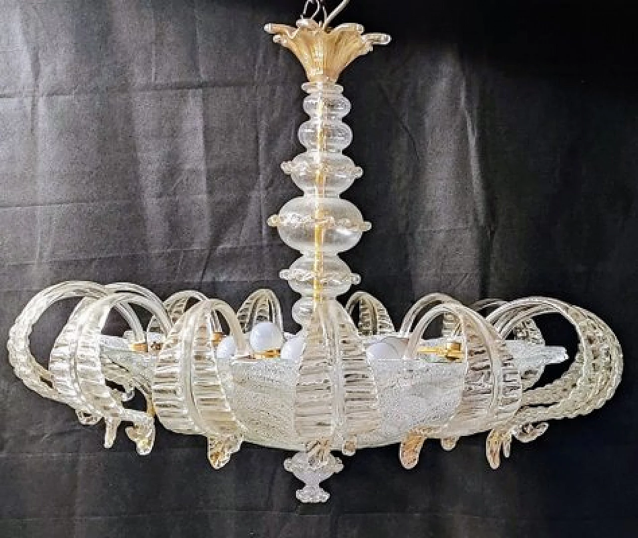 Gilded Murano glass chandelier with crystal leaves, 1980s 10