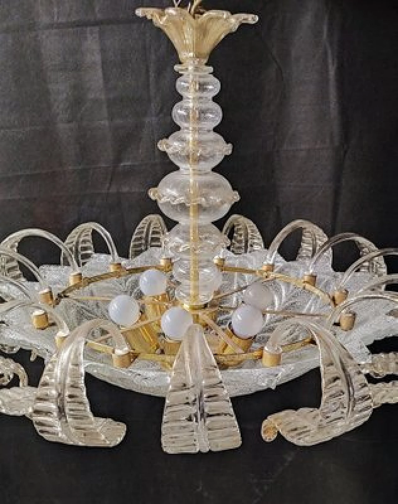 Gilded Murano glass chandelier with crystal leaves, 1980s 11