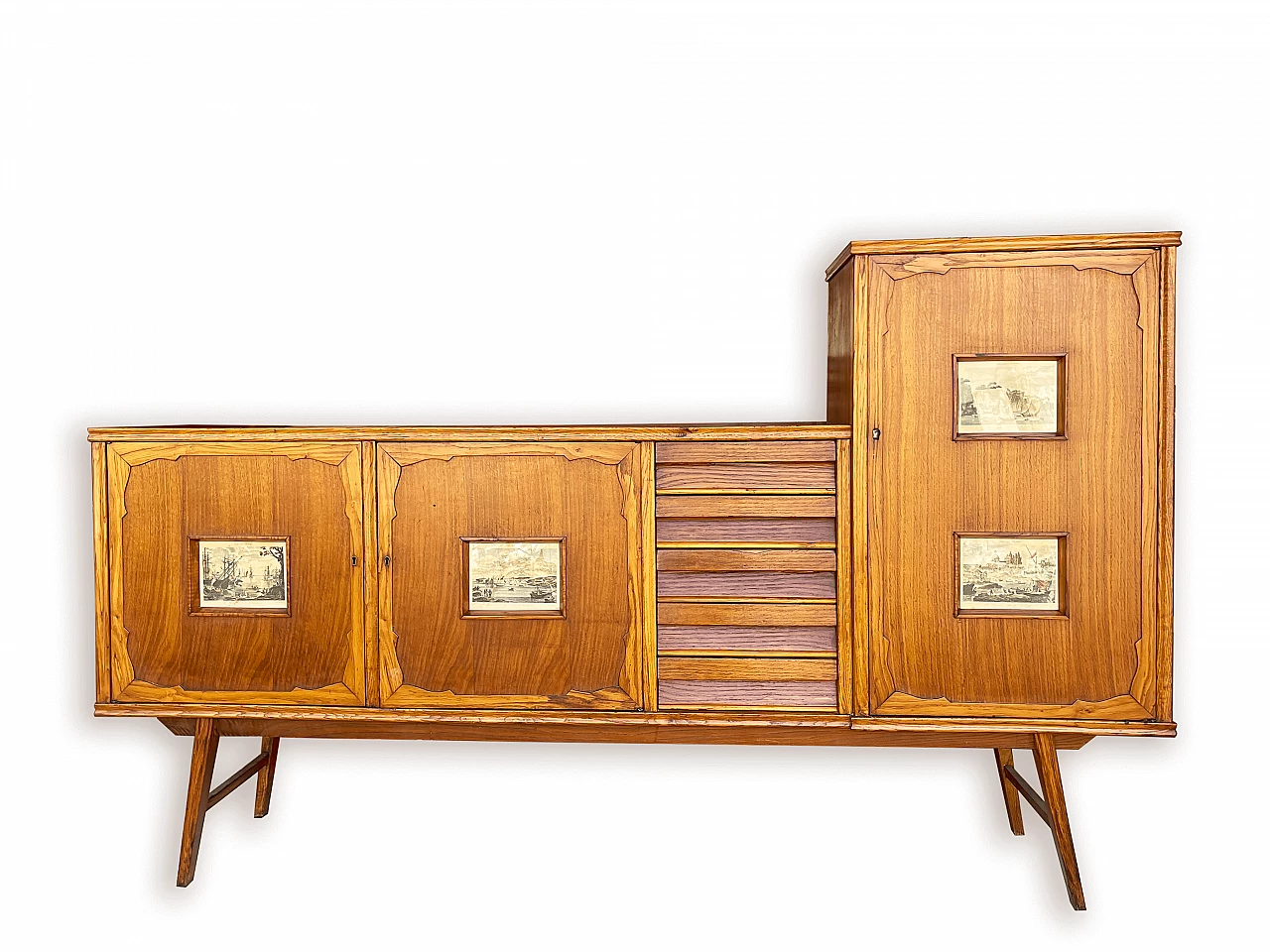 Sideboard in carved, inlaid and decorated oak, 1950s 1