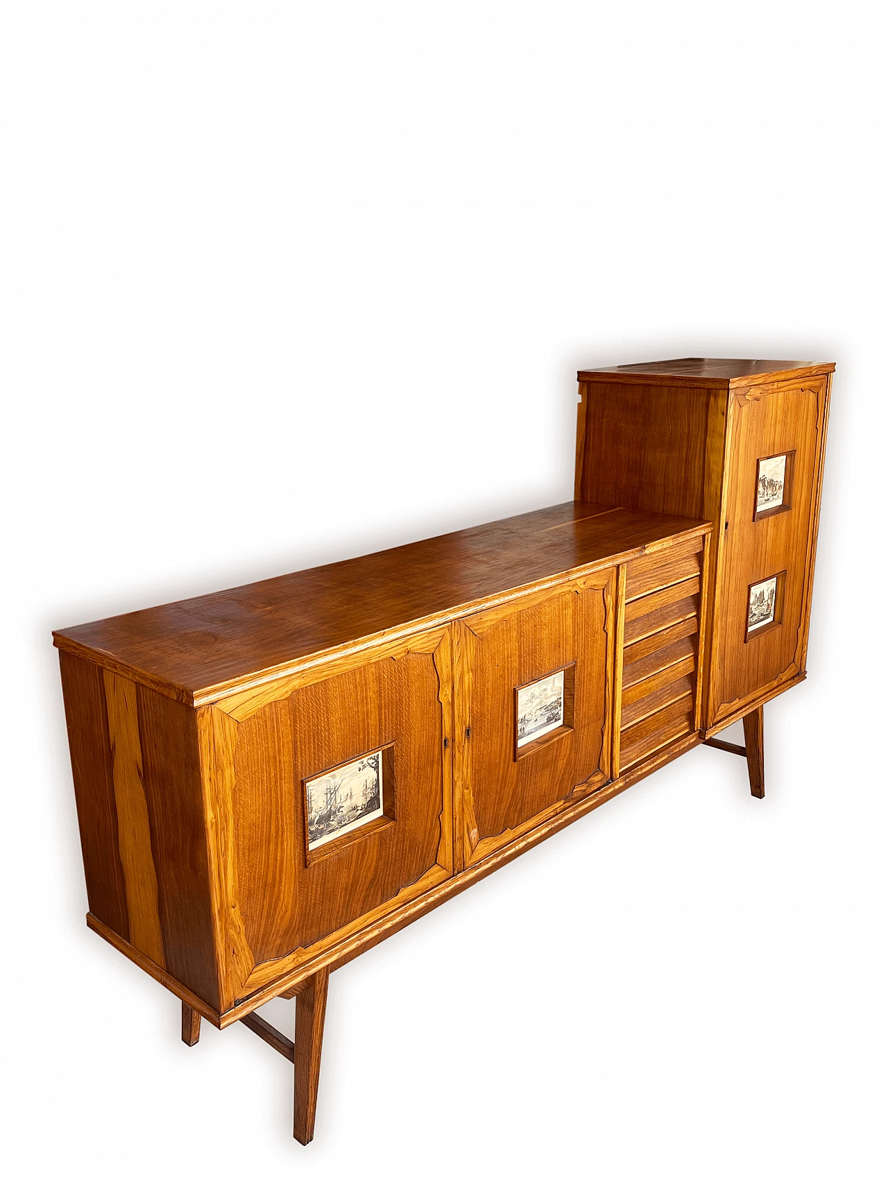 Sideboard in carved, inlaid and decorated oak, 1950s 11