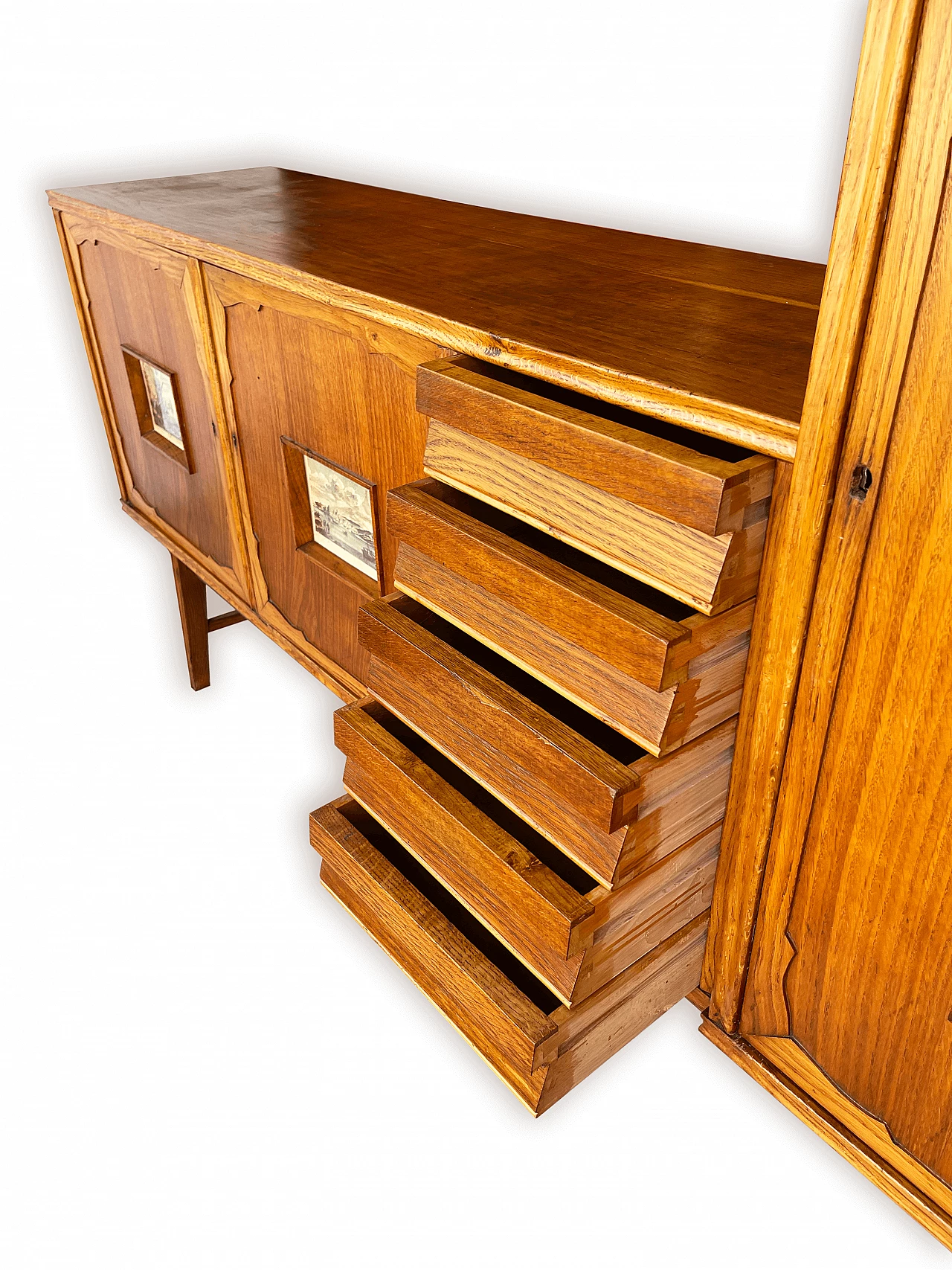 Sideboard in carved, inlaid and decorated oak, 1950s 21