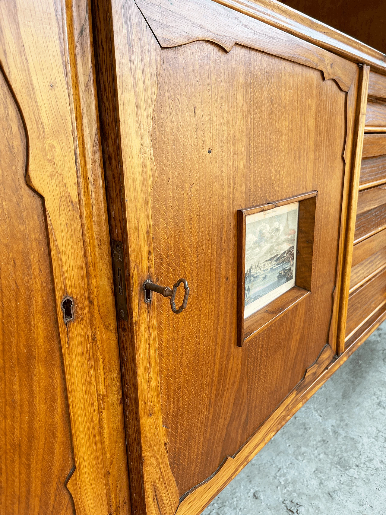 Sideboard in carved, inlaid and decorated oak, 1950s 31