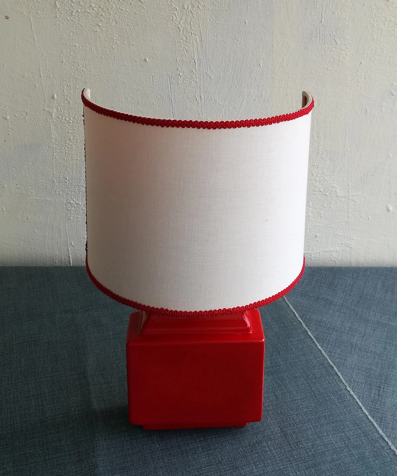 Red glazed ceramic wall lamp with silk shade, 1970s 3