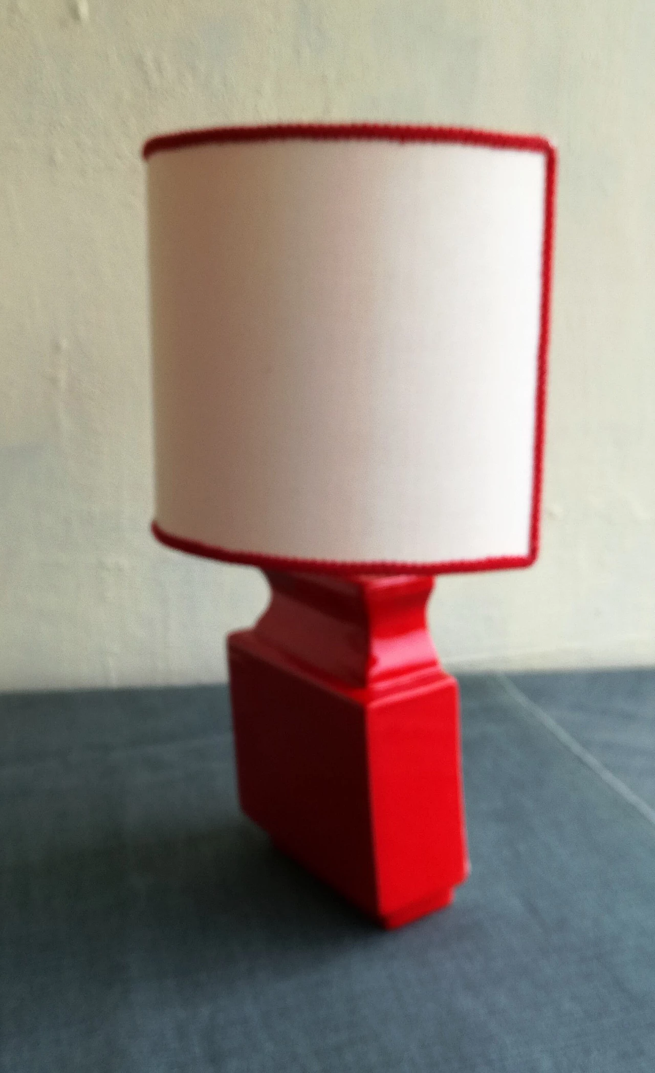 Red glazed ceramic wall lamp with silk shade, 1970s 5