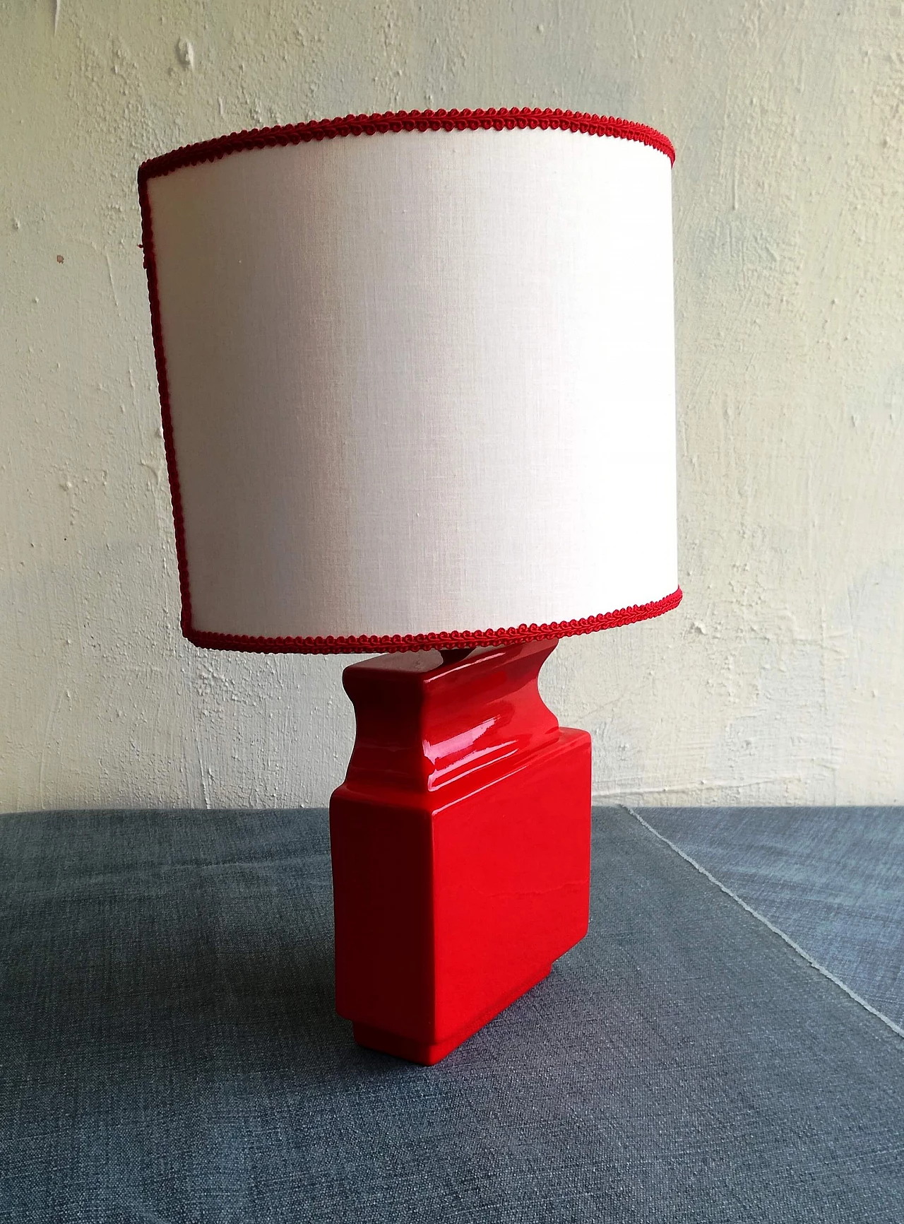 Red glazed ceramic wall lamp with silk shade, 1970s 9