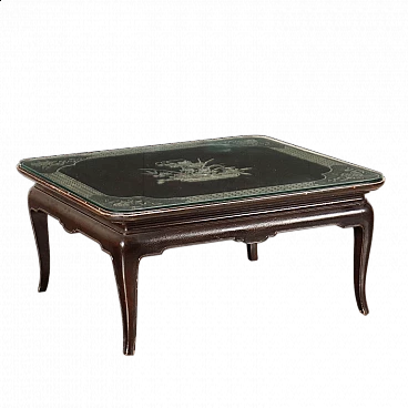 Chinese exotic wood coffee table with carved and lacquered top