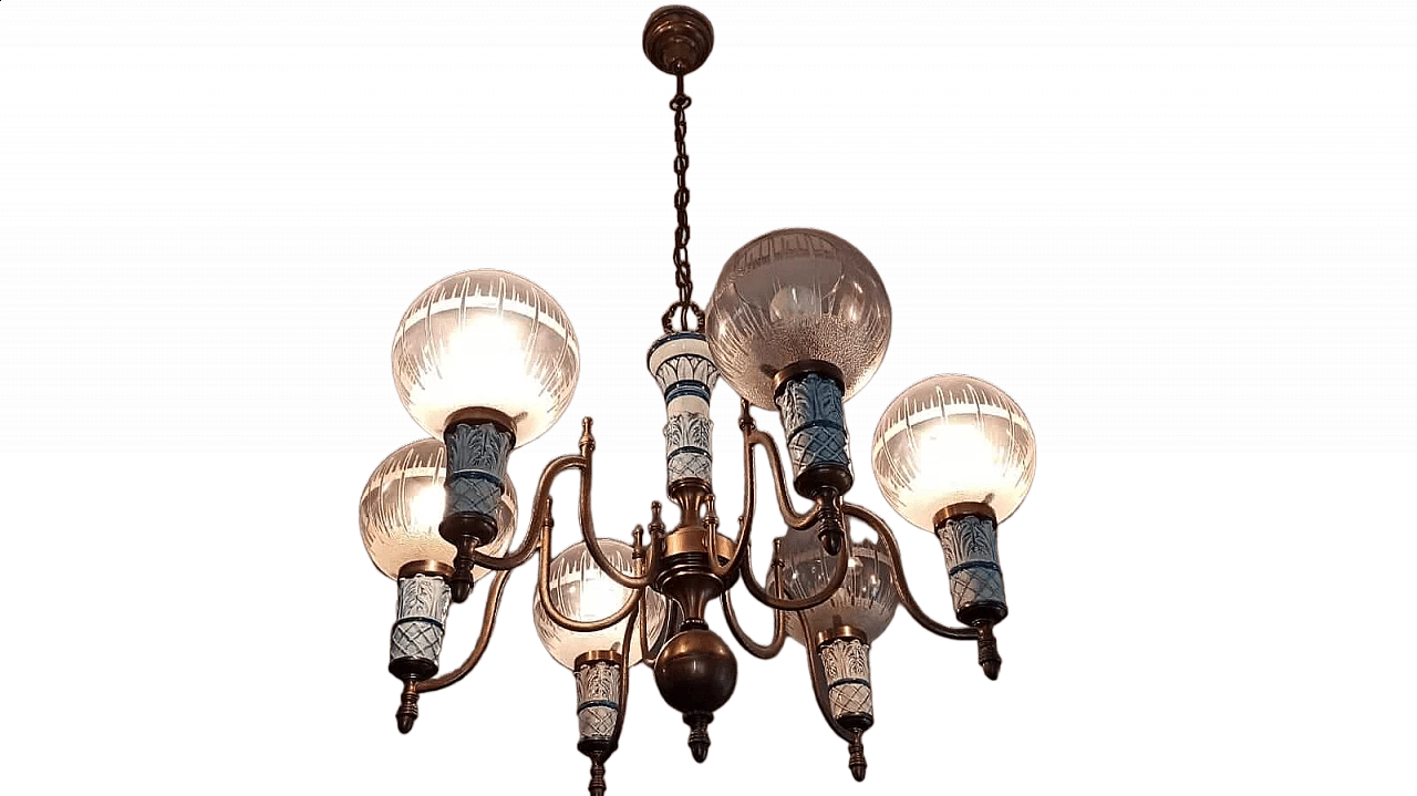 Six-light ceramic and brass chandelier, 1950s 14