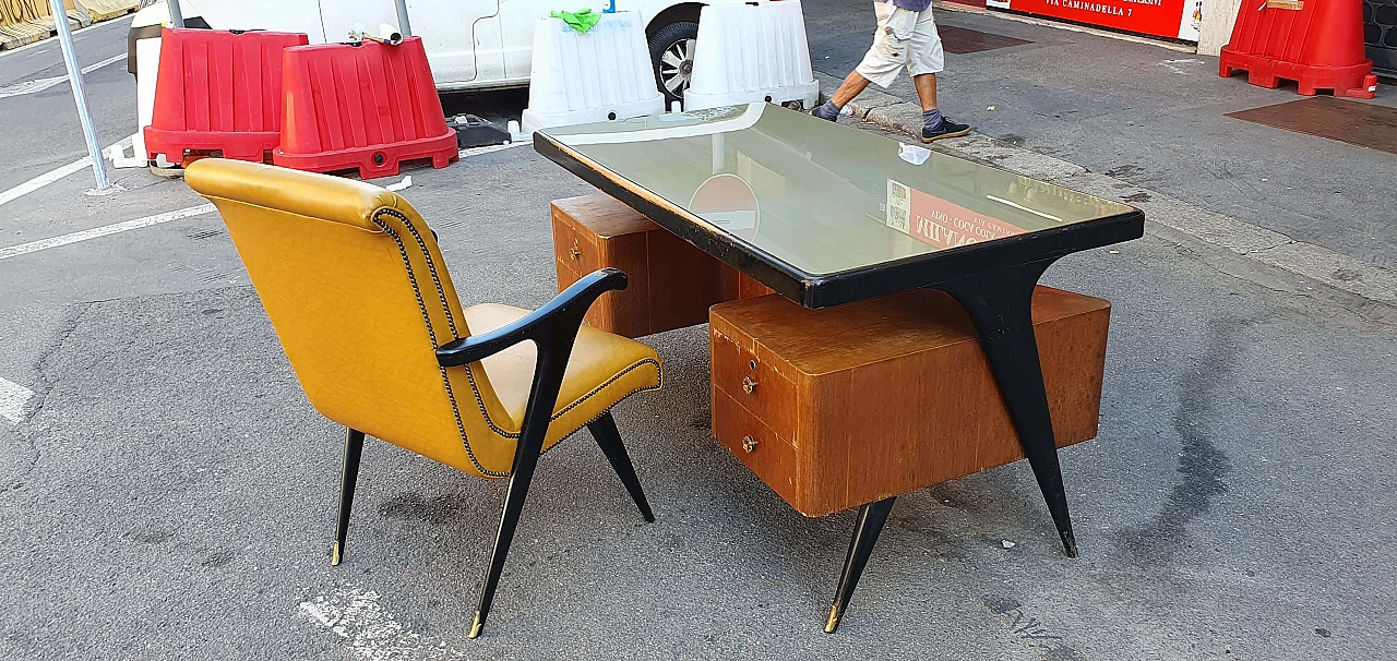 Curved desk in walnut and lacquered wood with armchair, 1950s 2