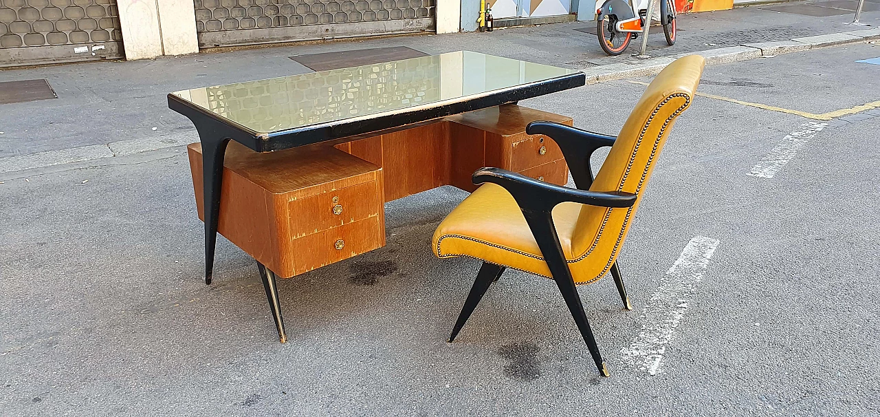 Curved desk in walnut and lacquered wood with armchair, 1950s 3