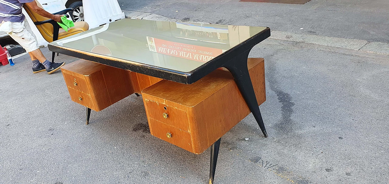 Curved desk in walnut and lacquered wood with armchair, 1950s 10