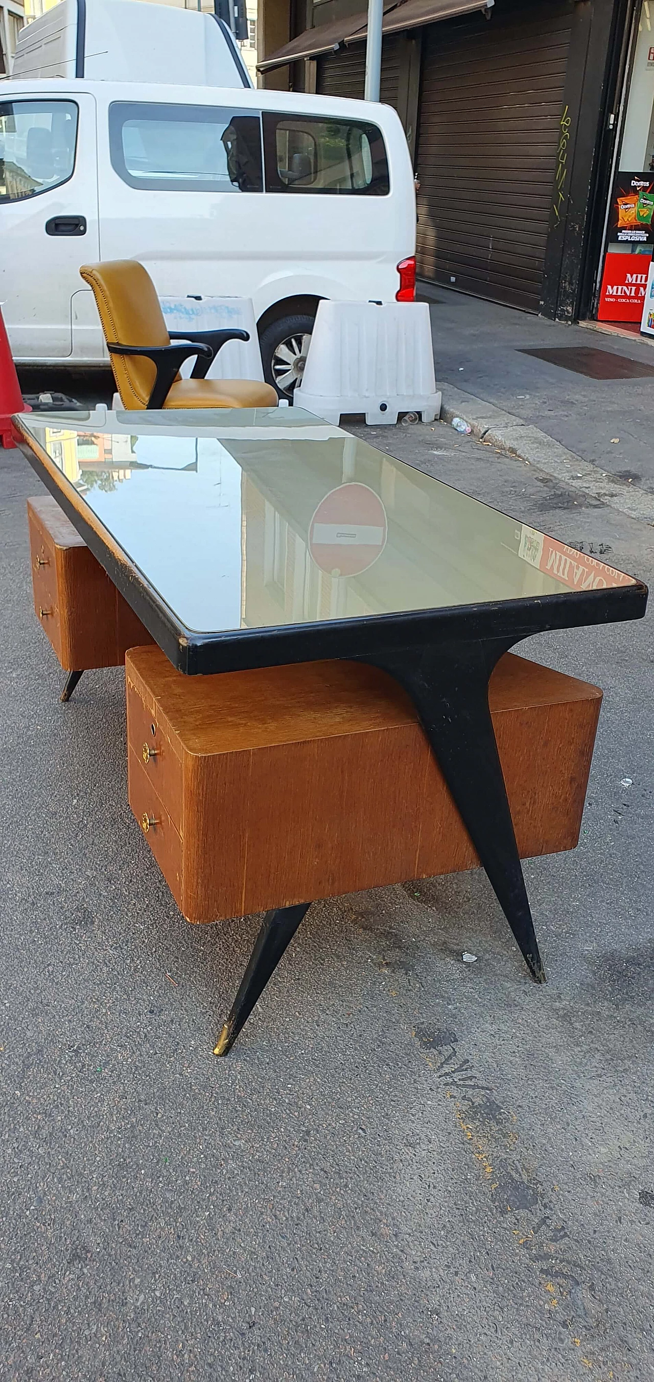 Curved desk in walnut and lacquered wood with armchair, 1950s 13