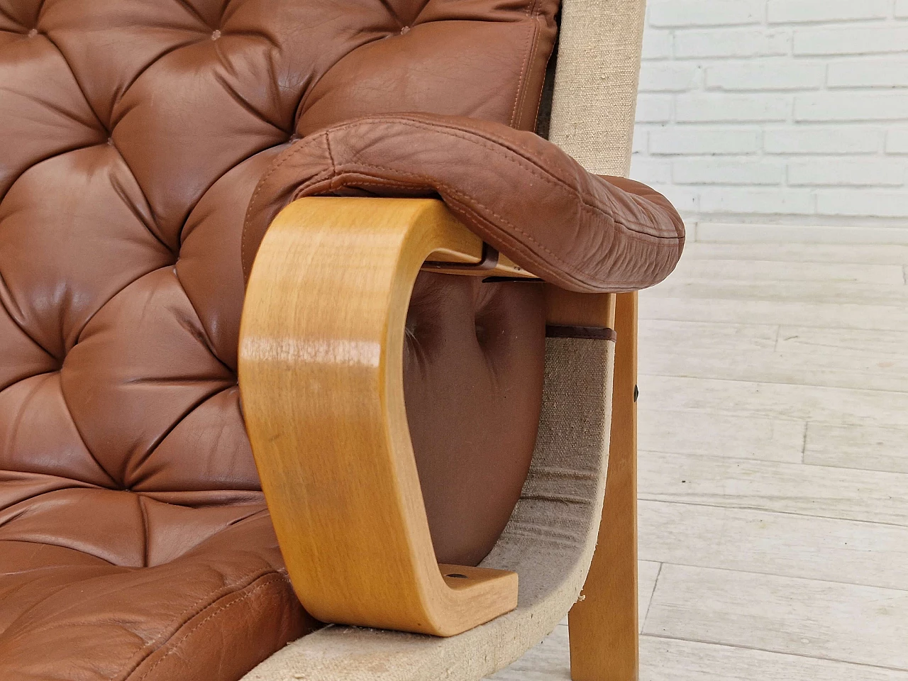 Danish leather and curved beech armchair by Jeki Møbler, 1980s 8