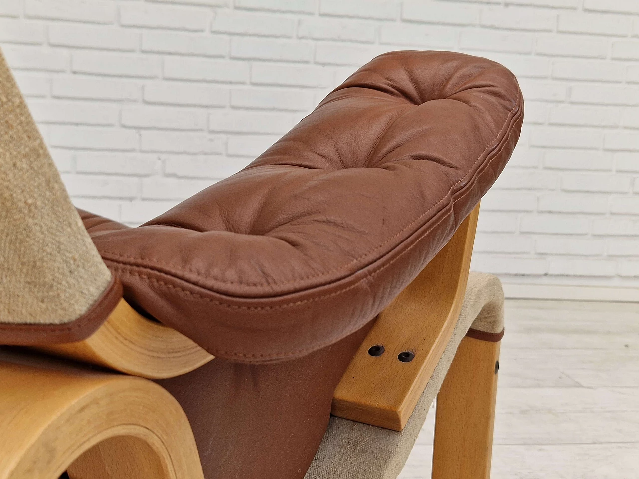 Danish leather and curved beech armchair by Jeki Møbler, 1980s 12