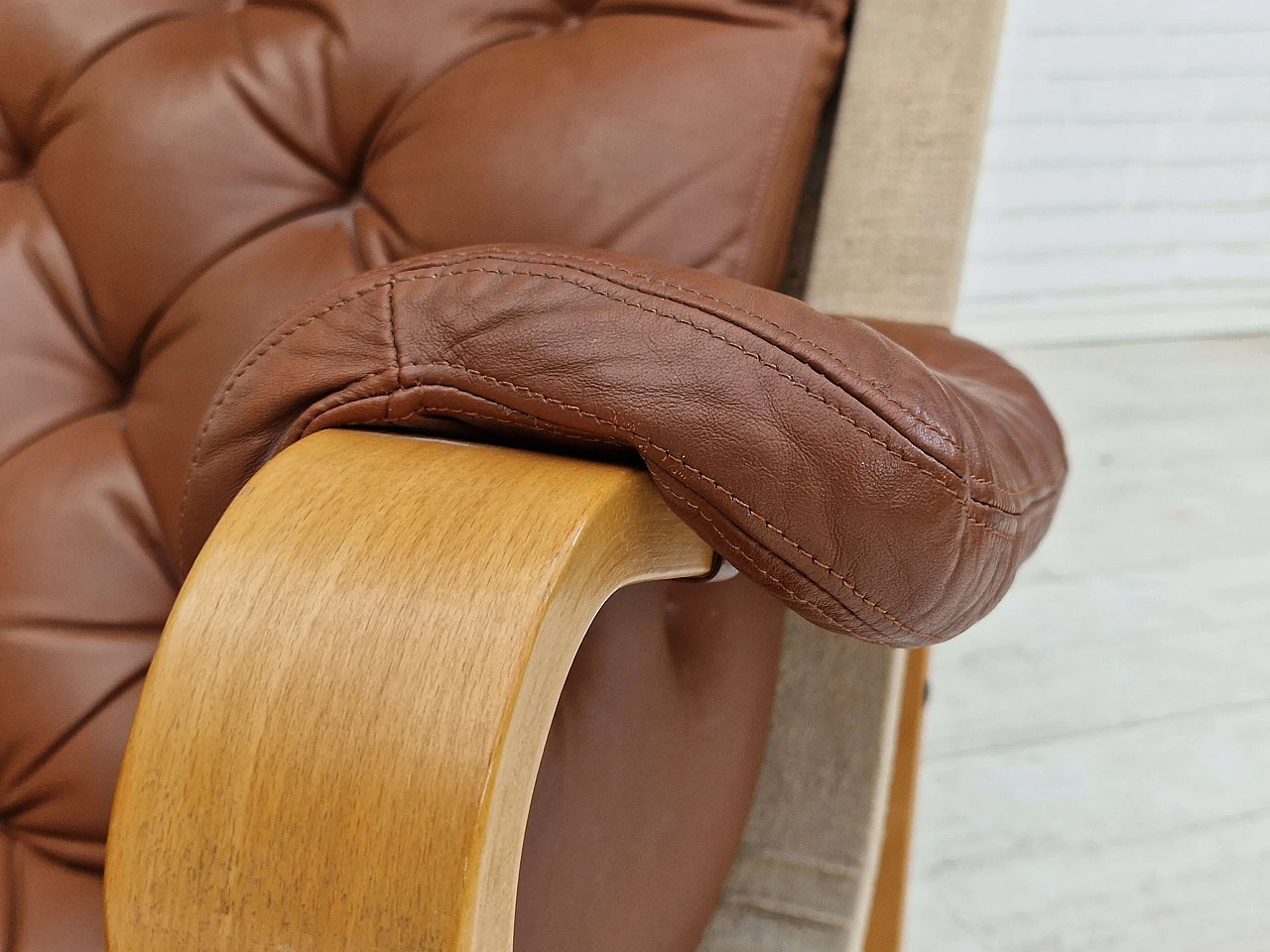 Danish leather and curved beech armchair by Jeki Møbler, 1980s 13