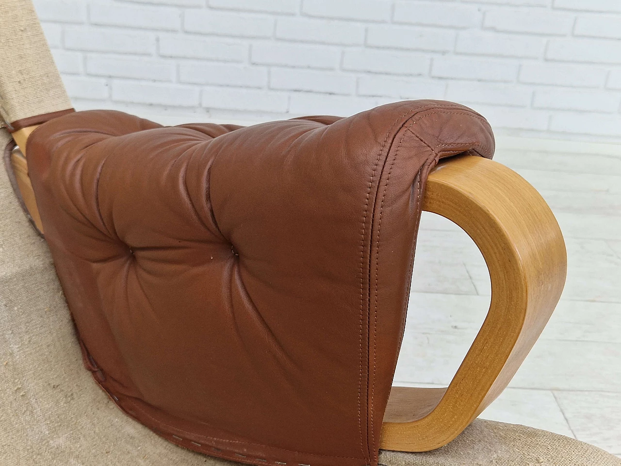 Danish leather and curved beech armchair by Jeki Møbler, 1980s 16