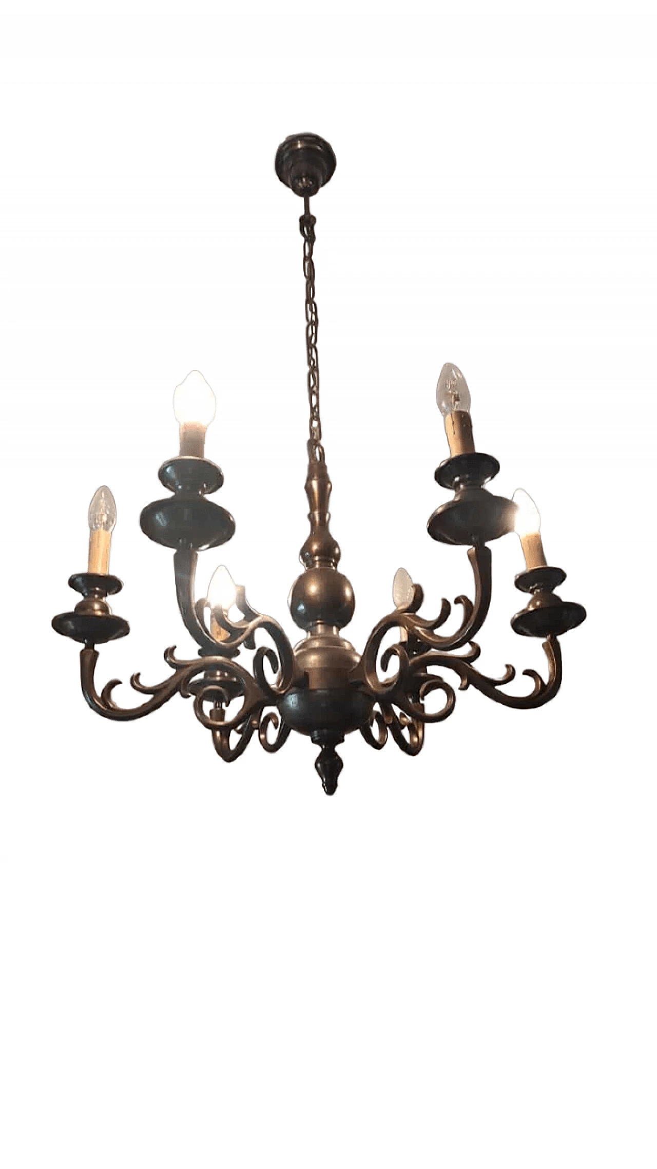 Six-light bronze chandelier, 1950s 7